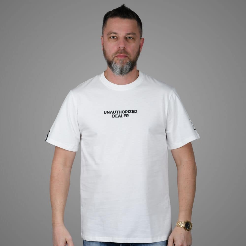 Luxury Bazaar White "Unauthorized Dealer"® Crewneck T-Shirt
