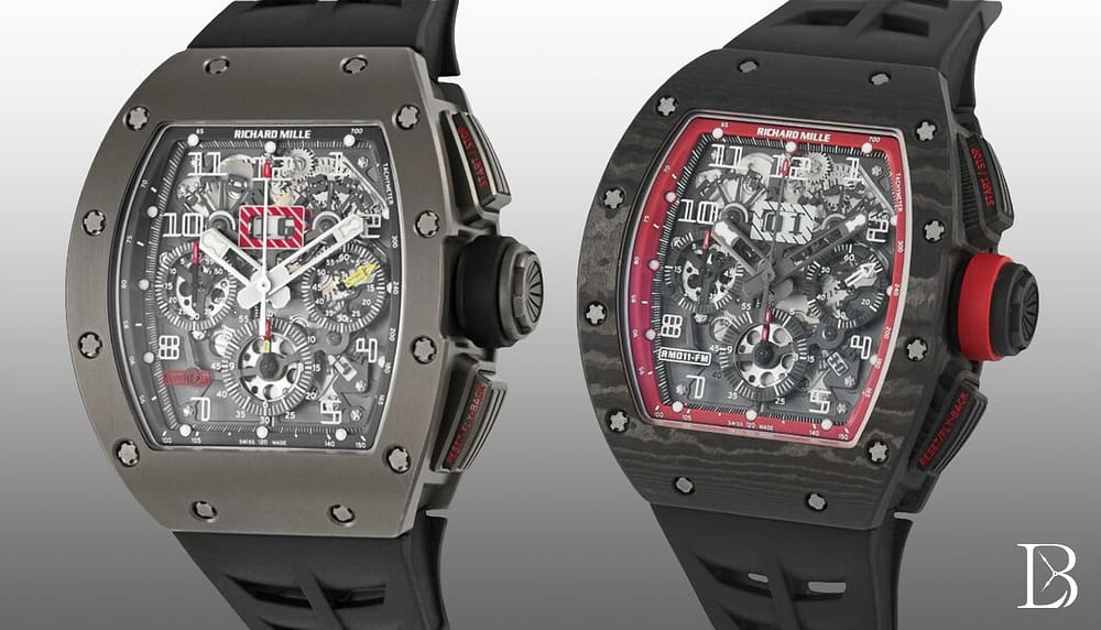 Richard Mille Felipe Massa RM011 Flyback Chronographs in both titalyt (left) and carbon (right). Photo credit: Luxury Bazaar
