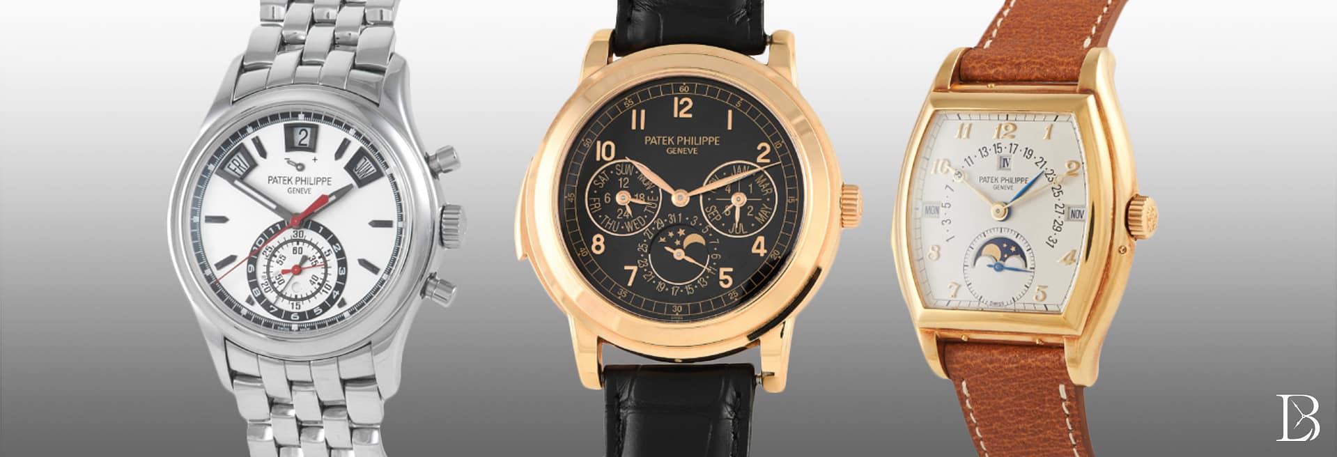 Patek Philippe annual calendar chronograph from the Complications collection and two pieces from the Grand Complications collection